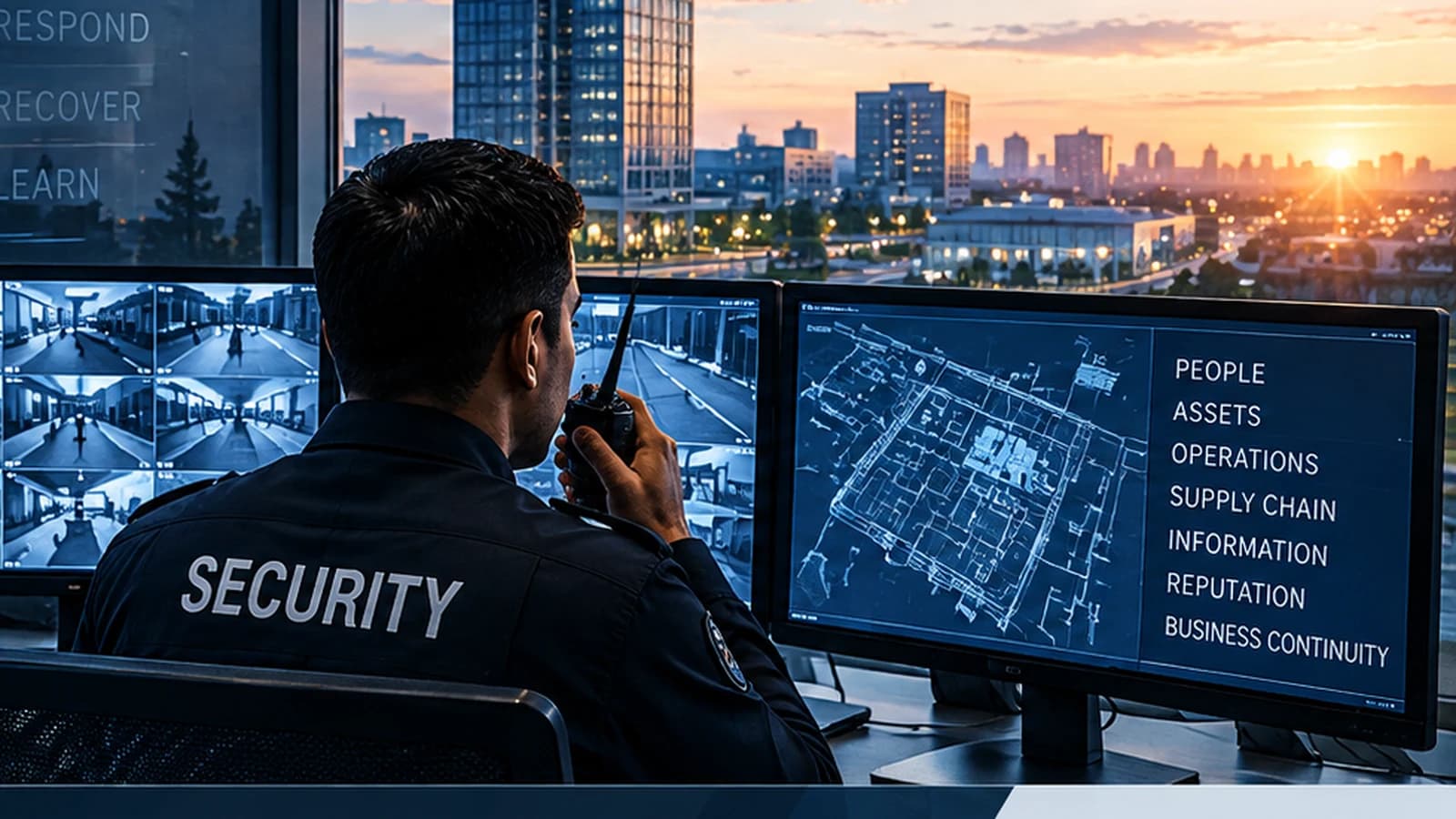 A security operator at a monitoring desk watching banks of camera feeds and a site plan, city skyline beyond.