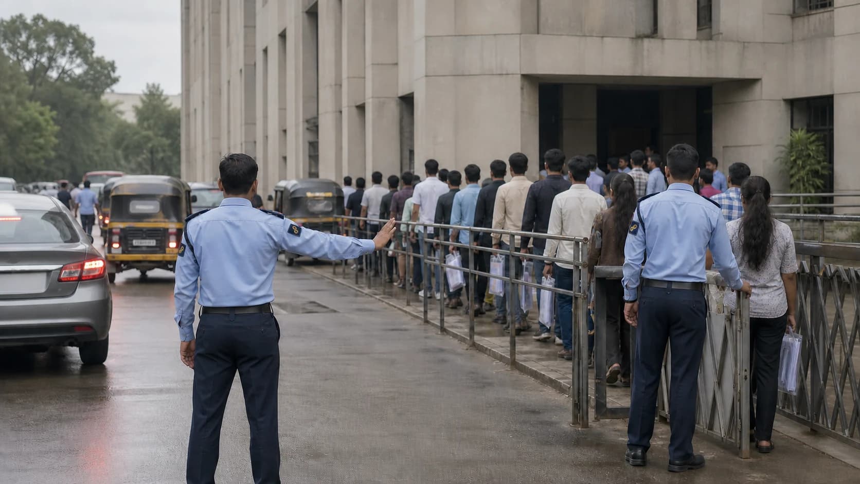 CISS security personnel managing candidate arrivals, traffic and an orderly entrance queue.