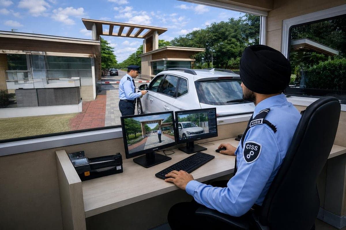 A CISS officer watching gate cameras from an estate guard post while a colleague checks a vehicle at the boom barrier outside