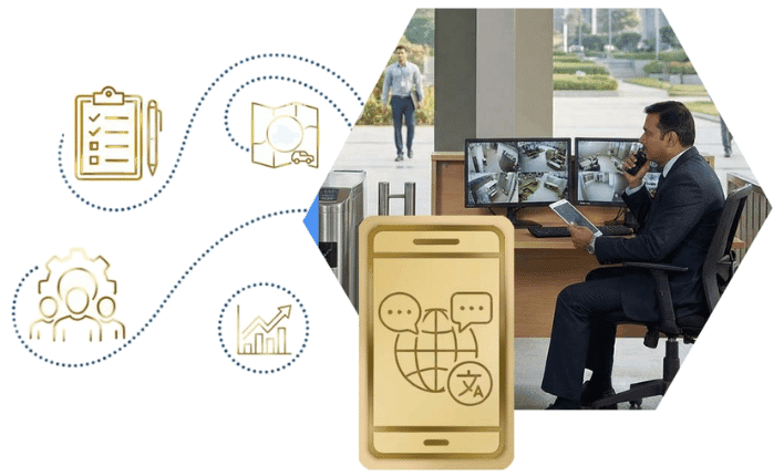 AMS schematic — a supervisor at a monitoring desk beside the app, with checklists, site mapping, rostering and reporting set around it