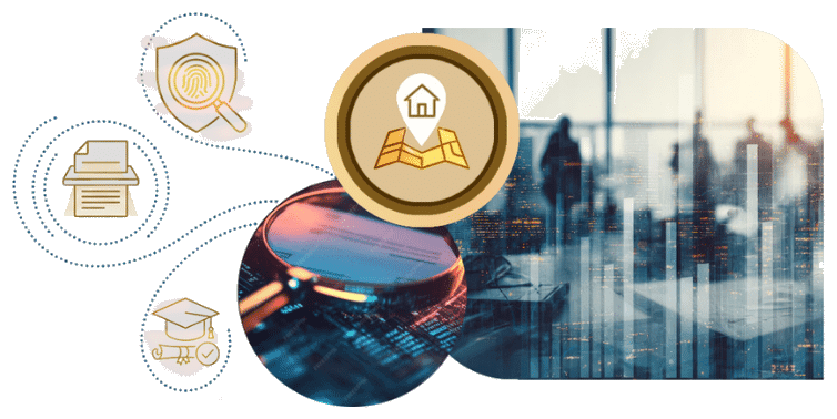 Background verification schematic — a magnifier over identity records, with document, address and qualification checks set around it