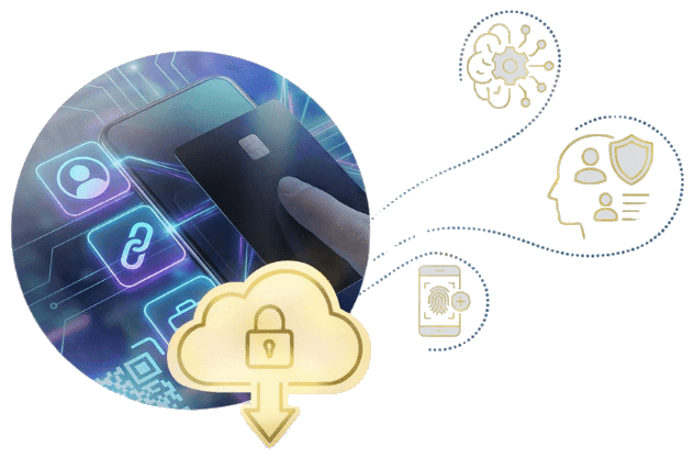Digital guard experience schematic — a secured handheld device, with encrypted upload, identity and access elements set around it