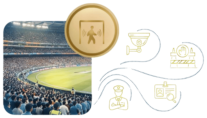 Event security schematic — a filled stadium, with screening, barrier control, close protection and accreditation set around it