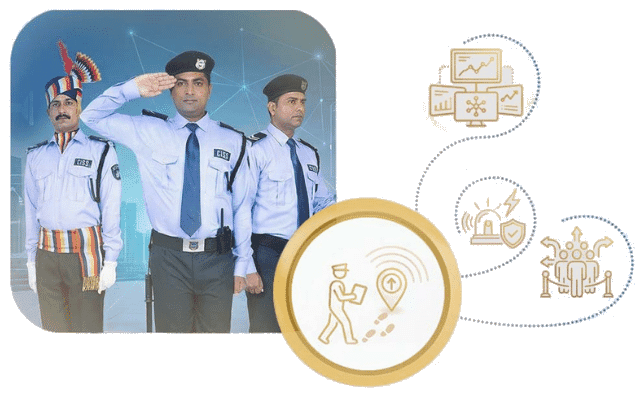 Specialised guarding schematic — CISS officers saluting, with the capability's reporting, alarm-response and crowd-control elements set around it