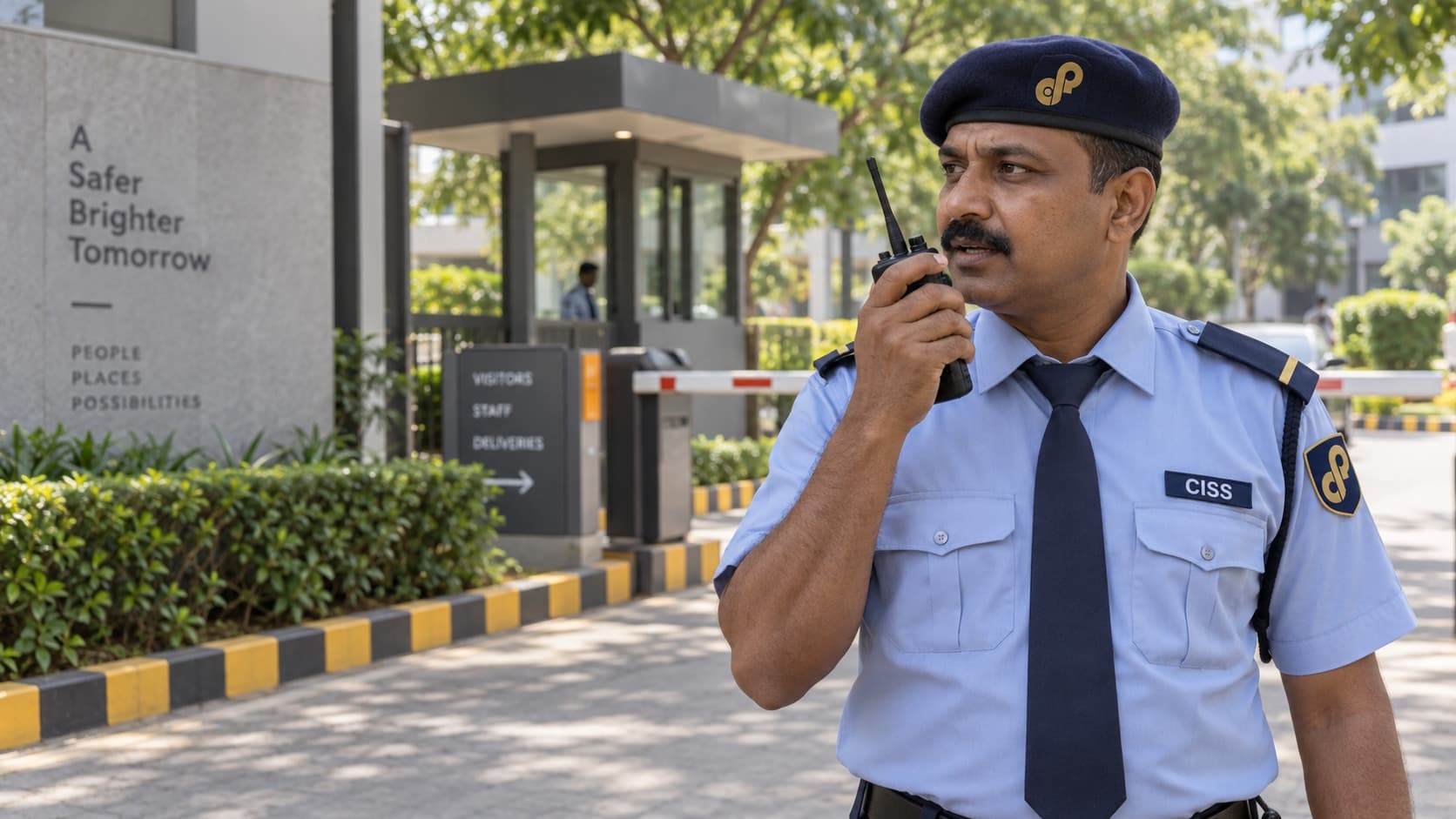 An Indian CISS guard making a radio check during a routine campus patrol