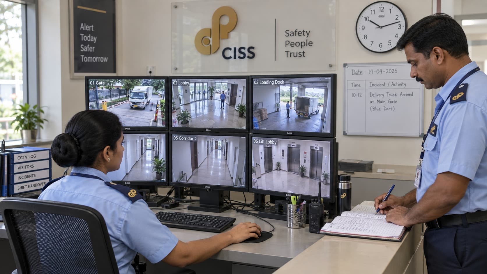 Indian CISS operators monitoring campus CCTV feeds and recording a delivery in the incident register