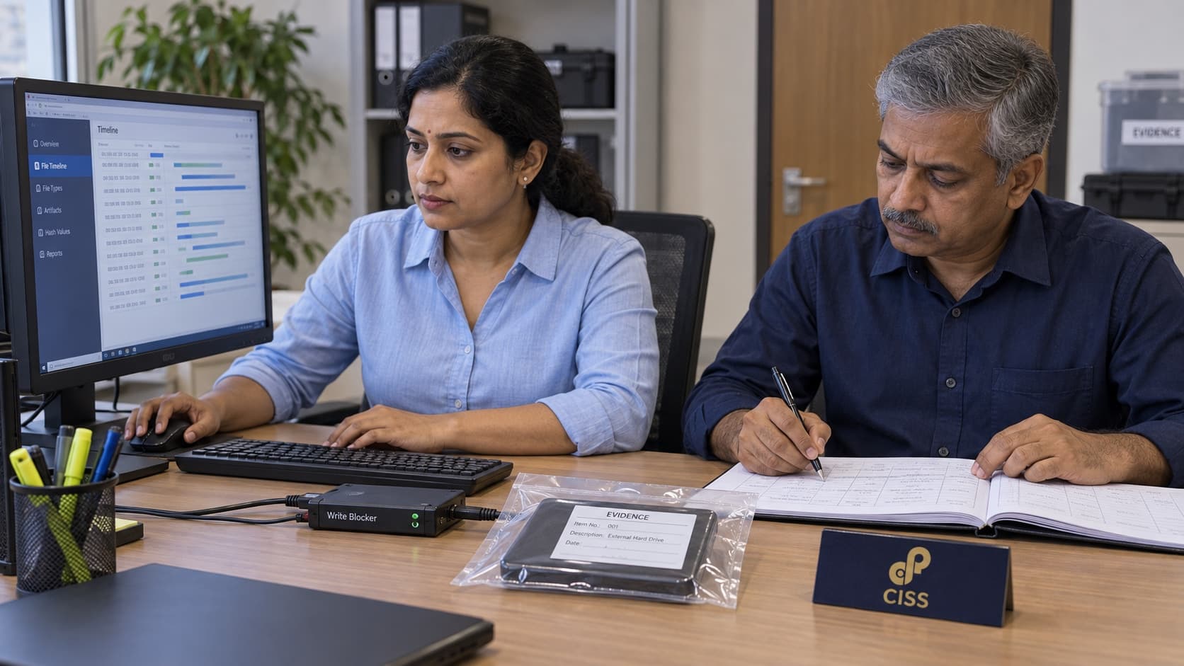 Indian forensic analysts reviewing drive data and documenting the examination in an evidence register