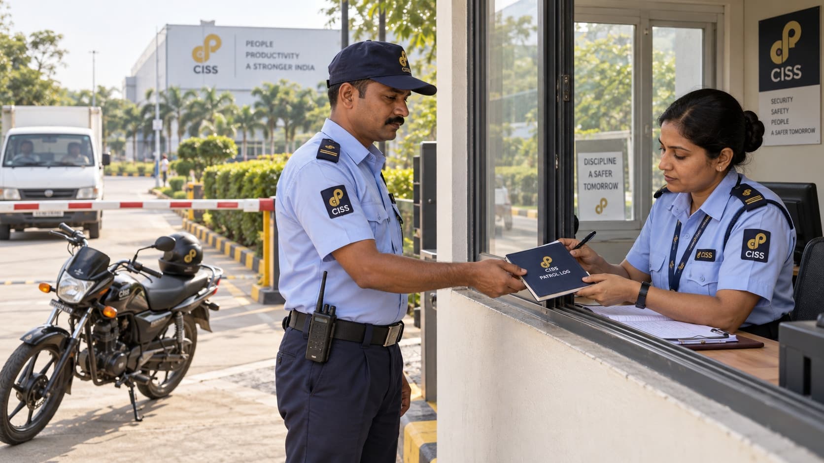 Indian CISS guards handing over a patrol logbook at an industrial gatehouse