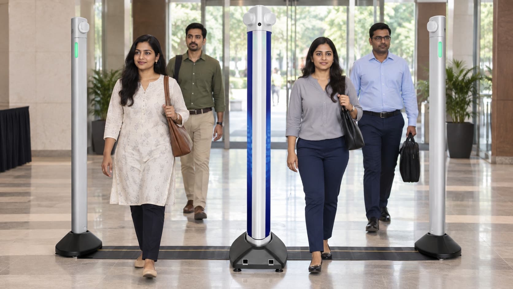 Illustration of Indian visitors walking through two touchless screening lanes