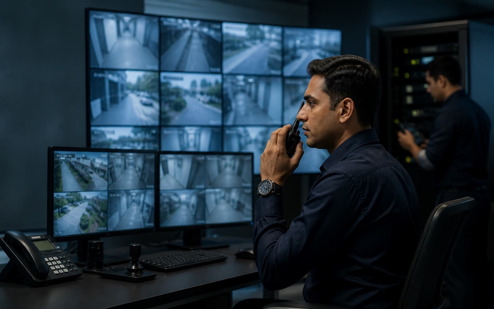 An electronic security specialist coordinating live surveillance from an enterprise control room