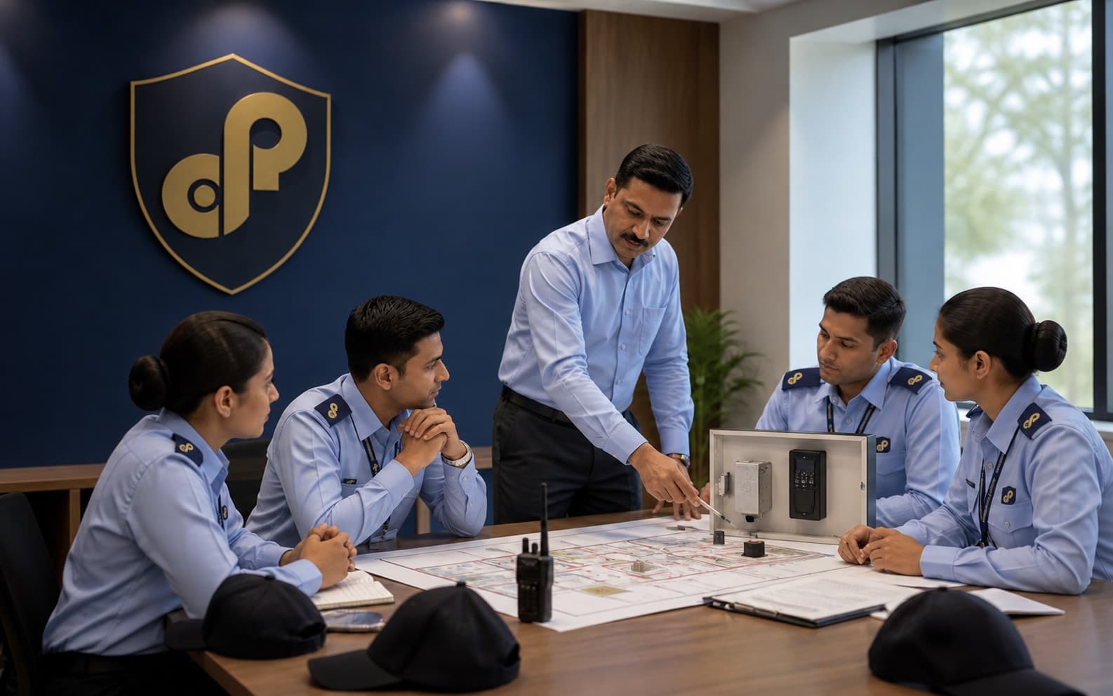 An Indian CISS instructor briefing uniformed trainees on site plans and access-control equipment in a classroom