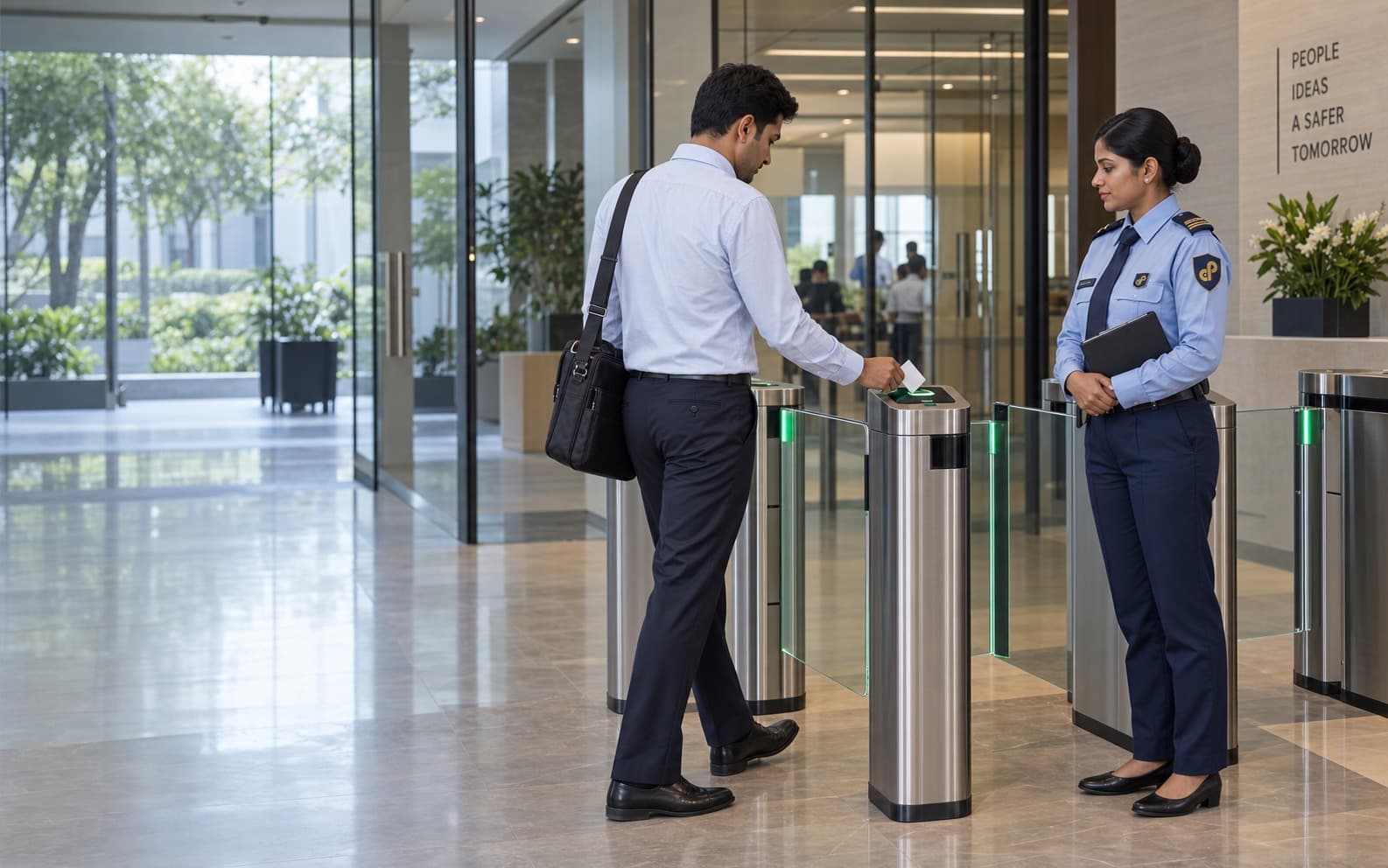 An employee tapping an access card at an office entrance gate while an Indian CISS security guard supervises entry