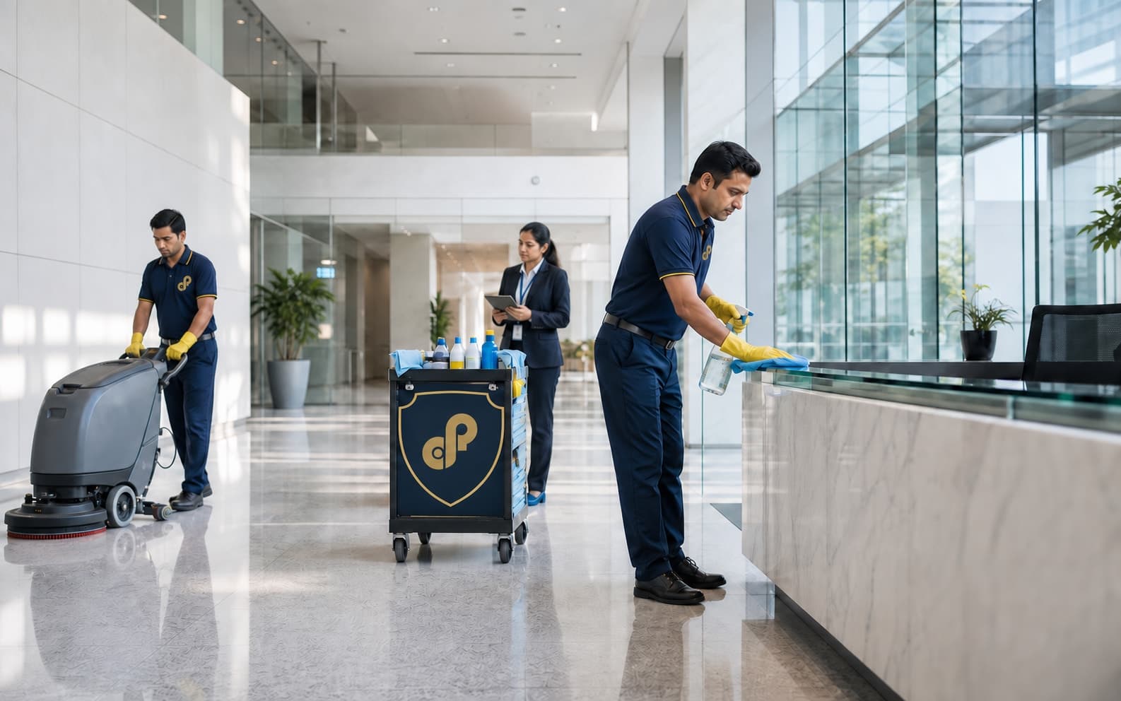 A trained facility team cleaning and inspecting a modern corporate atrium