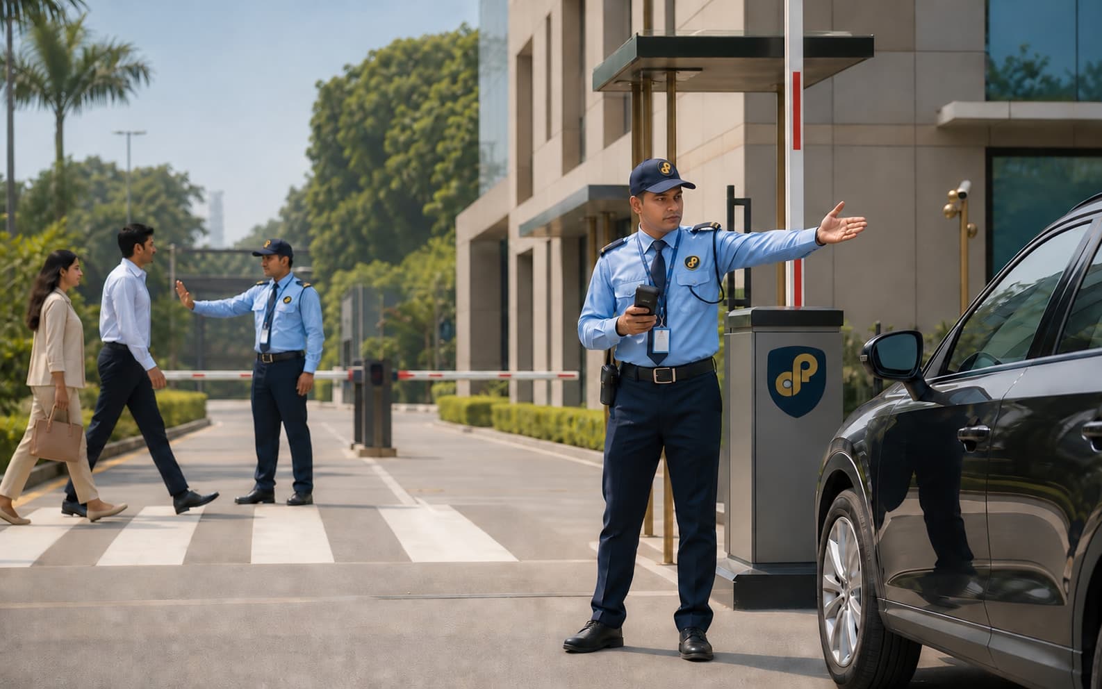 Security officers managing vehicle access and pedestrian flow at a corporate campus