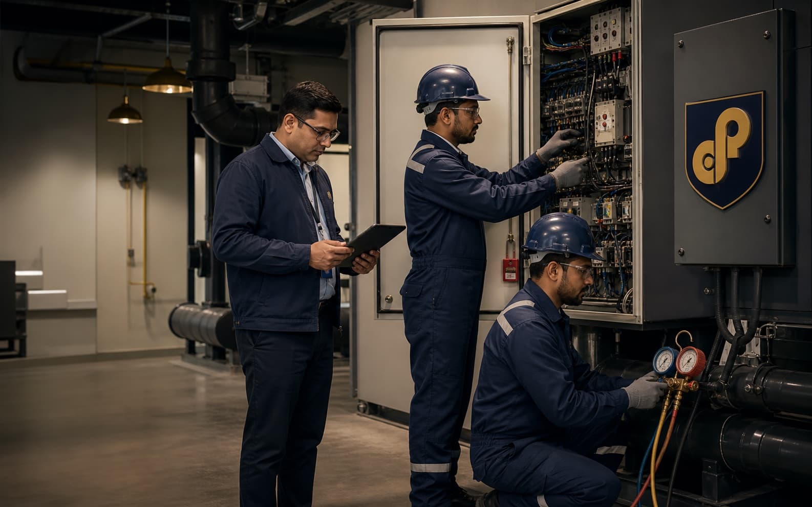 Engineering technicians inspecting electrical and HVAC systems in a commercial property