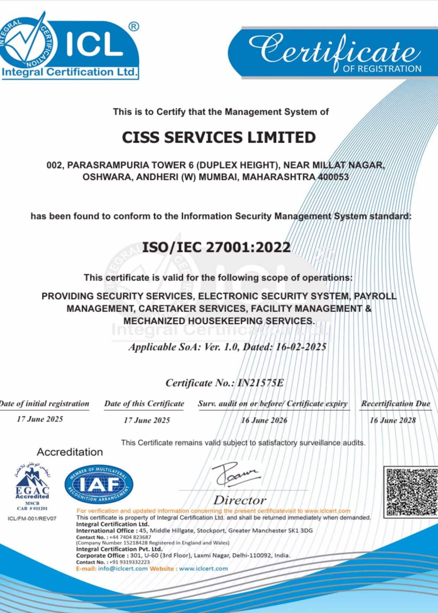 CISS Services Limited ISO 27001 certificate