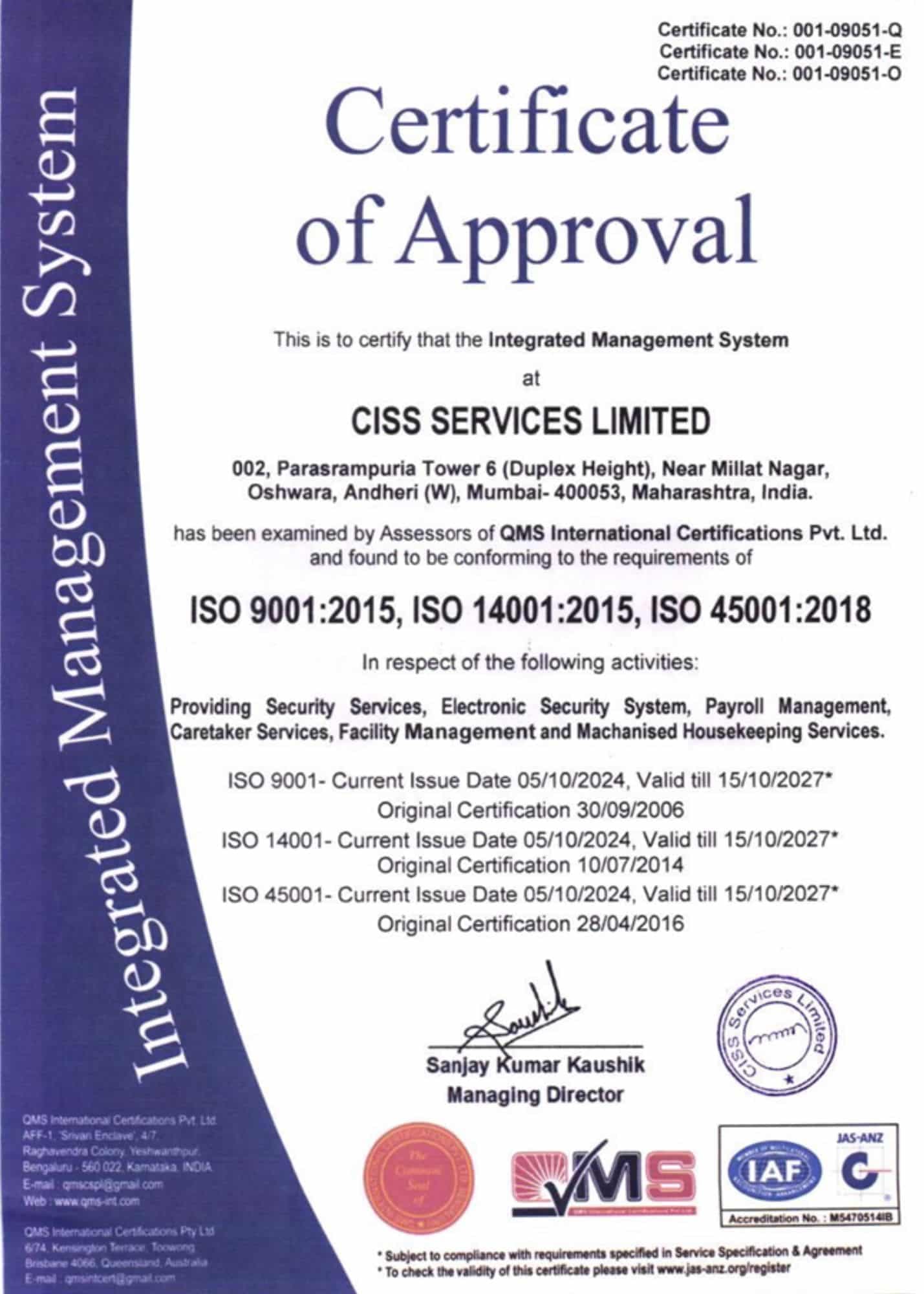 CISS Services Limited ISO 9001, 14001 and 45001 certificates