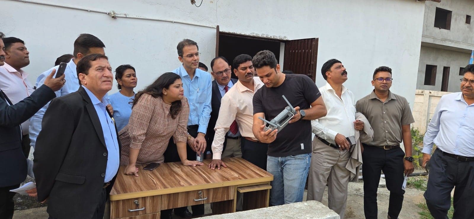 Drone examined by attendees at the Rashtriya Raksha University drone awareness session, Ahmedabad