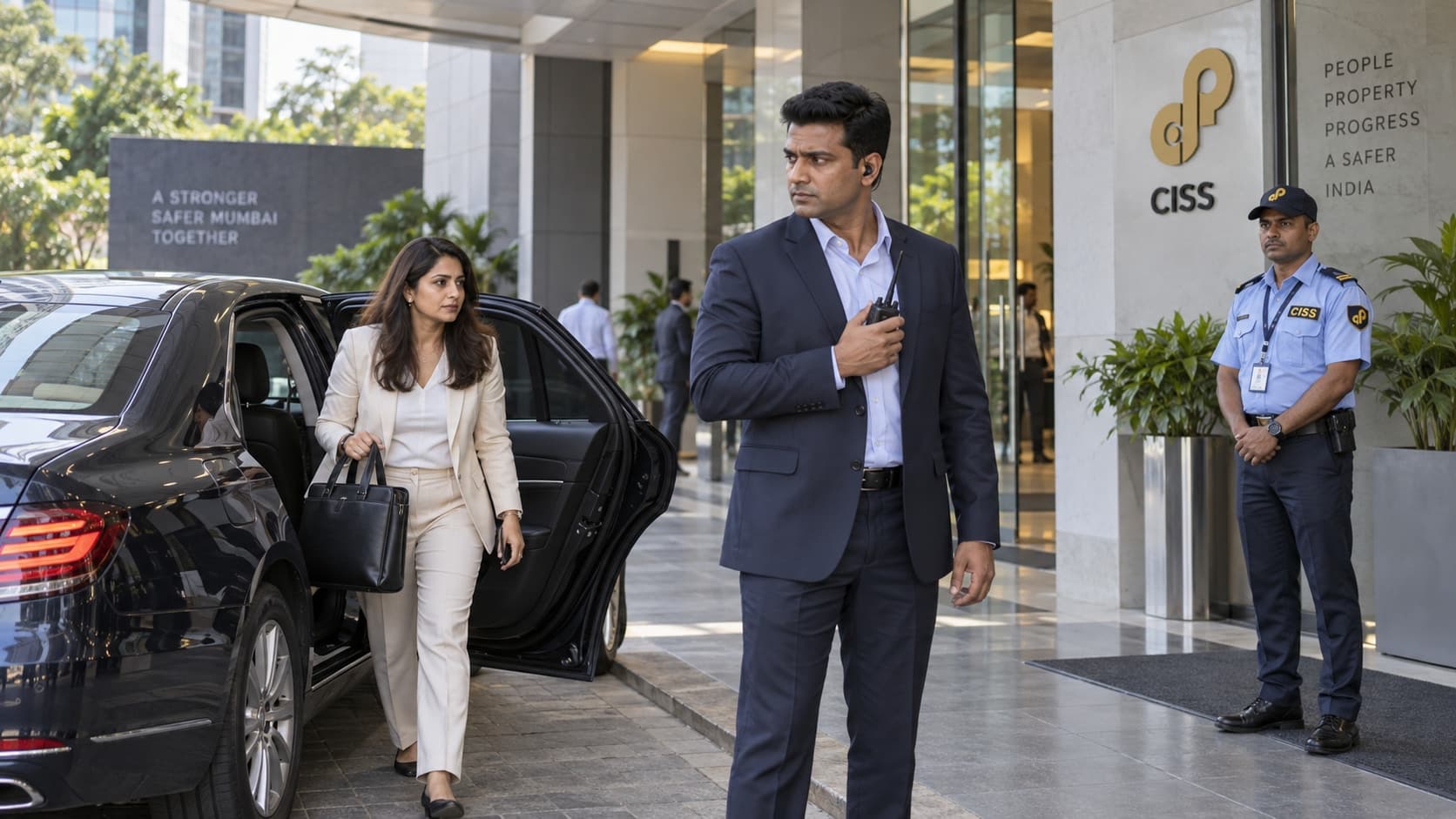 Indian security personnel coordinating a businesswoman’s arrival at a Mumbai office