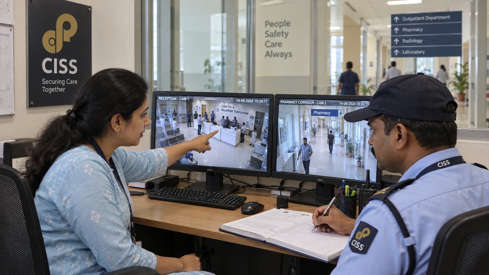 An Indian hospital administrator and CISS supervisor reviewing public-area CCTV footage