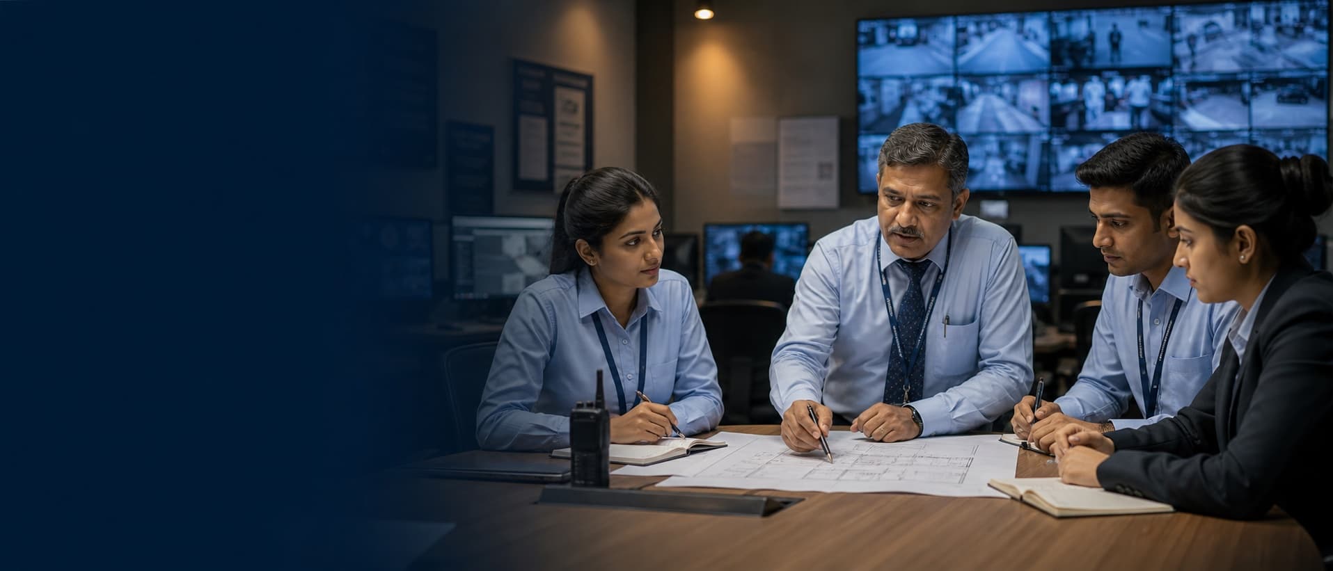 An experienced security supervisor coordinating an assignment with an operations team in a monitoring centre